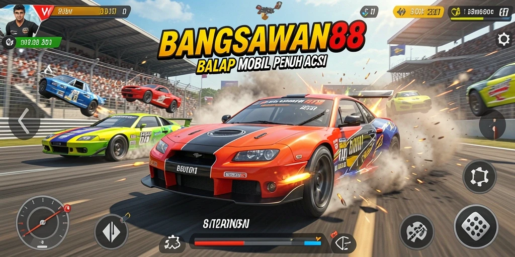 Screenshot balapan seru di BANGSAWAN88 dengan mobil kustom.