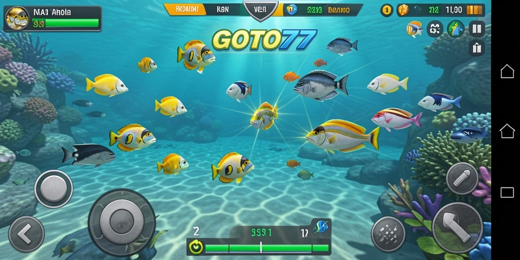 Screenshot GOTO77 menampilkan aksi seru menembak ikan berwarna-warni.