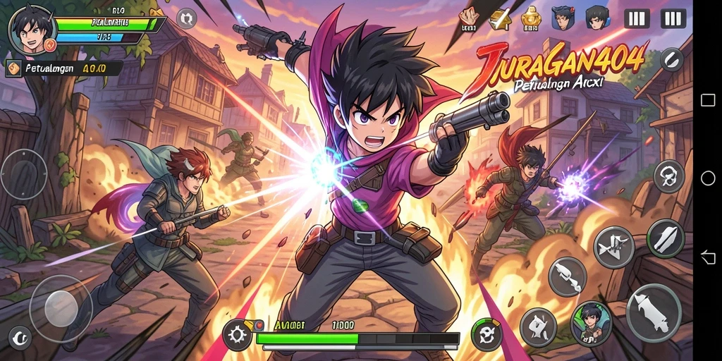 Tangkapan layar utama JURAGAN404 menunjukkan aksi seru karakter anime.