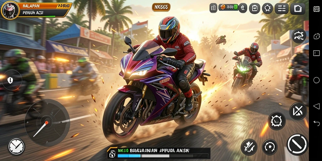 Screenshot gameplay <strong>NK666</strong> menampilkan balapan motor yang mendebarkan.