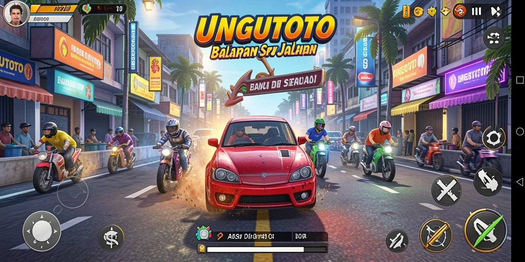 Tampilan gameplay UNGUTOTO dengan mobil balap di jalanan.